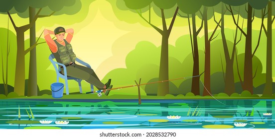 Fisherman fishing. He sits comfortably and happily on a chair in the shade of trees. Nice view of the river bank with water lilies. Summer landscape. Illustration vector