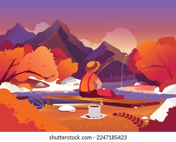 Fisherman fishing at lake and catching fish. Sport outdoor man leisure or relaxation at his hobby, bucket with fish and reed, mountain landscape. Fisherman illustration