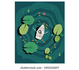 Fisherman fishing in the lake with Lotus flower Digital painting for t-shirt and other uses
