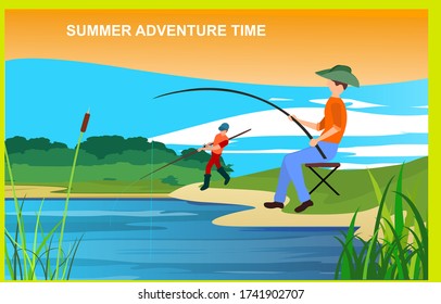 Fisherman fishing at lake with rod  catching fish. Sport fishing hobby. Vector illustration 
