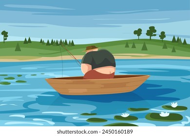 Pescador pescando en el lago con nenúfar. Hombre con sombrero y caña de pescar sentado con espalda en viejo barco de madera de pescadores para pescar en verano paisaje natural simple Ilustración vectorial de dibujos animados