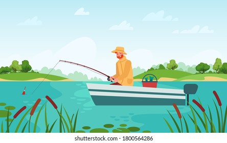 Fisherman fishing. Man in boat with fishing rod waiting nibble fish, relaxation hobby outdoor summer landscape cartoon vector concept. Male character having leisure on lake or pond