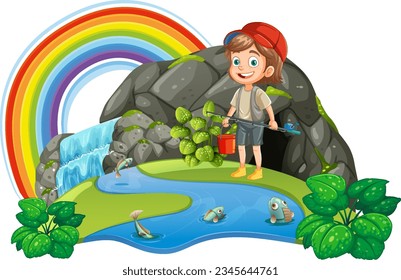 Fisherman fishing in nature illustration