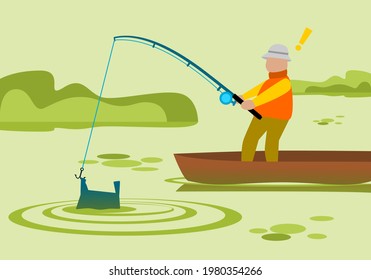 Fisherman fishing on a boat in the polluted green watar lake with garbage plastic bag flat vector.