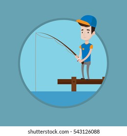 Fisherman fishing on the lake. Caucasian fisherman relaxing during fishing on jetty. Young fisherman standing with fishing-rod. Vector flat design illustration in the circle isolated on background.