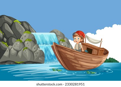 Fisherman fishing on wooden boat with waterfall background illustration