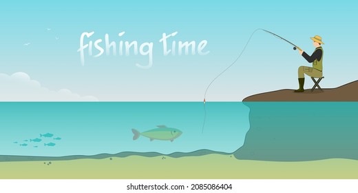 A fisherman is fishing in a pond with a fishing rod in his hands. Hobby - fishing. Vector illustration.