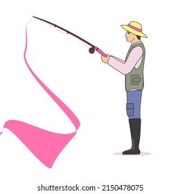 Fisherman is fishing in a pond with a fishing rod in his hands, cartoon, on a white background