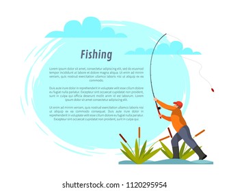 Fisherman with fishing rod among bulrush vector. Fisher catching fish isolated on blue with clouds silhouette, cartoon illustration, sport theme.