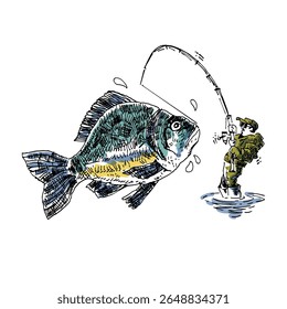Fisherman with a fishing rod and a big fish, vector illustration for packaging, label and advertising products