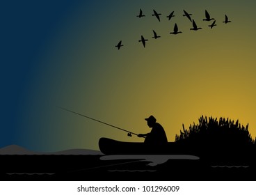 A fisherman with a fishing rod in the boat