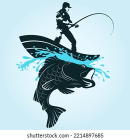 Fisherman with a fishing rod in a boat. Catching a big fish. Silhouette for fishing and hobby