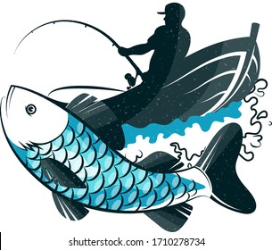 Fisherman with fishing rod in a boat and fish catch