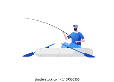 Fisherman with a fishing rod in the boat on the river. Fishing sport, outdoor summer recreation, leisure time. Vector illustration.