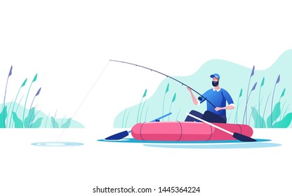 Fisherman with a fishing rod in the boat on the river. Fishing sport, outdoor summer recreation, leisure time. Vector illustration.