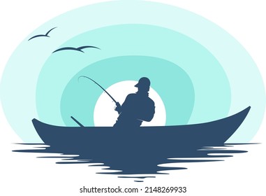 Fisherman with a fishing rod in a boat. Fishing on a sunset symbol background