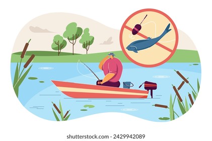 Pescador con caña de pescar en el barco ilustración vectorial. Paisaje del lago. Pescado y anzuelo en círculo prohibido. Violación de las normas, concepto de prohibición de pesca