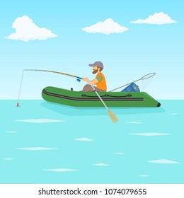 Fisherman with a fishing rod catches fish while sitting in a boat. Vector illustration.