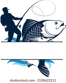 Fisherman with a fishing rod catches fish silhouette sign frame