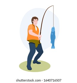 Fisherman With Fishing Rod Catching A Big Fish On The Shore vector illustration from hobbies collection. Flat cartoon illustration isolated on white