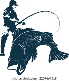 Fisherman With A Fishing Rod. Catching A Big Fish. Sport Fishing And Hobby Symbol