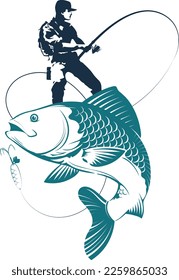 Fisherman with a fishing rod. Catching a big fish. Sport fishing and hobby symbol