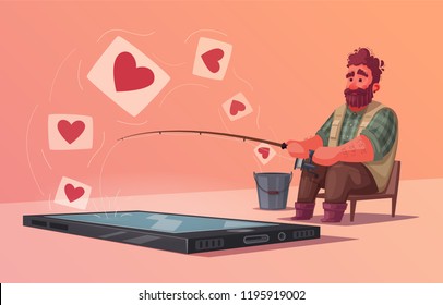 Fisherman with fishing rod. Fishing for compliments. Cartoon vector illustration. Likes on a social network.