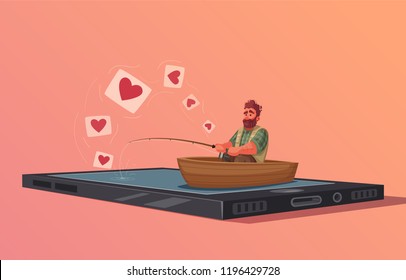 Fisherman with fishing rod. Fishing for compliments. Cartoon vector illustration. Likes on a social network.