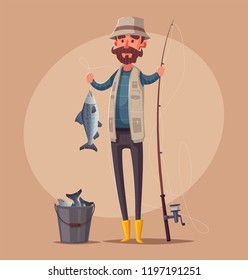 Fisherman with fishing rod. Fishing concept. Cartoon vector illustration. Catch a fish