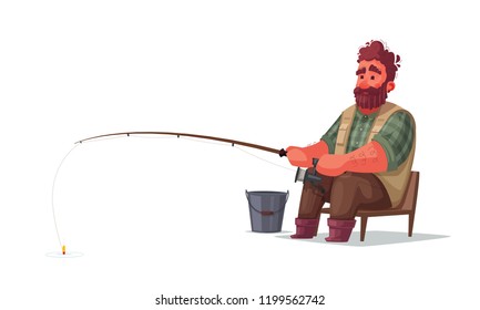 Fisherman with fishing rod. Fishing concept. Cartoon vector illustration. Catch a fish