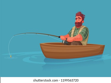 Fisherman with fishing rod. Fishing concept. Cartoon vector illustration. Catch a fish on a boat