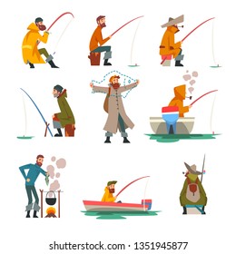Fisherman Fishing with Fishing Rod and Cooking Soup on Bonfire Vector Illustration