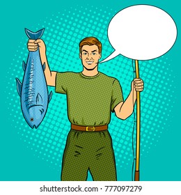 Pescador con caña de pesca y pescado capturado arte pop retro ilustración vectorial. Imitación al estilo de un libro de historietas.