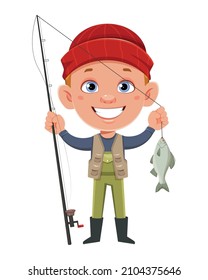 Fisherman with fishing rod and fish. Cheerful fisher cartoon character