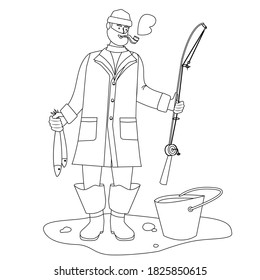 A fisherman with a fishing rod and fish. Isolate . Vector illustration. Fisherman's Day. The theme of sports fishing, sketching with a black line. Coloring book with fishing man