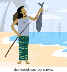 Fisherman with a fishing rod and fish. Sea background, Fisherman Vector illustration, Seafood, Fishing.