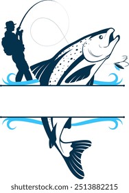 Fisherman with fishing rod, fish silhouette signboard frame