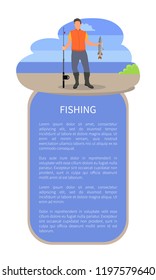 Fisherman with fishing rod and fish vector illustration. Fisher with just caught trout isolated on blue with clouds silhouette sketch, sport theme