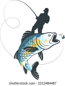 Fisherman with a fishing rod in his hands. The fish jumps for bait. Sport fishing symbol