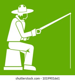 Fisherman with a fishing rod icon white isolated on green background. Vector illustration