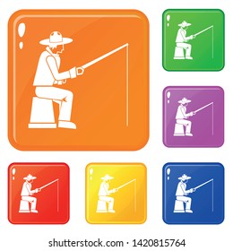 Fisherman with a fishing rod icons set collection vector 6 color isolated on white background