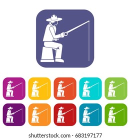 Fisherman with a fishing rod icons set vector illustration in flat style in colors red, blue, green, and other