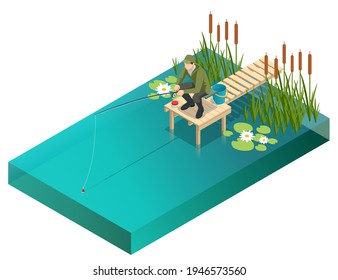 Fisherman with a fishing rod. Isometric fisherman with a fishing rod is fishing on a lake or river. Fisherman sitting with fishing rod and watching at float in lake.