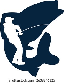 Fisherman with a fishing rod on the background of fish, design for fishing