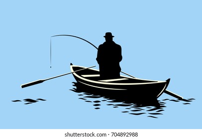 A fisherman with a fishing rod on a boat in the middle of the lake