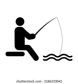 Fisherman with Fishing Rod on Coast River Black Silhouette Icon. Fisher Man Bait Lake Fish Glyph Pictogram. Summer Outdoor Sport Person Activity Recreation Flat Symbol. Isolated Vector Illustration.