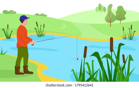 Fisherman with fishing rod on the lake or river. Landscape with fisher man. Outdoor sport or hobby concept. Vector illustration.