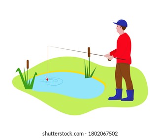 Fisherman with fishing rod on the lake. Man is fishing.  Outdoor sport or hobby concept. Vector illustration on white background.
