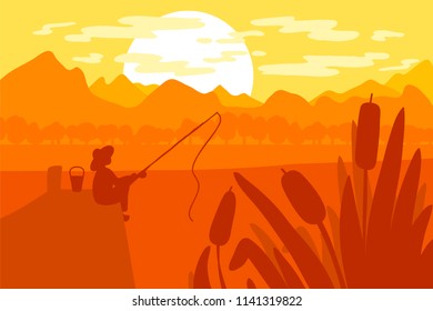 Fisherman with fishing rod on river bridge. Forest with river and park landscape. Morning panorama. Natural scene. Vector