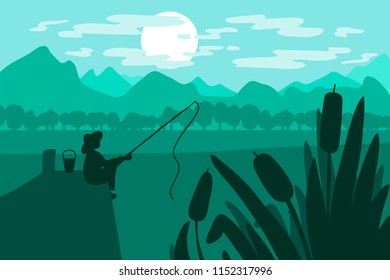 Fisherman with fishing rod on river bridge. Forest with river and park landscape. Morning panorama. Natural scene in green colors. Vector